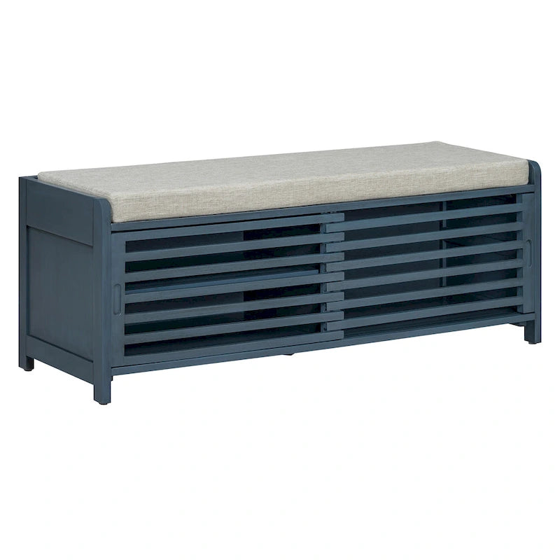 Aufbewahrungsbank aus Akazienfurnier mit Shutter-Look (Marineblau)