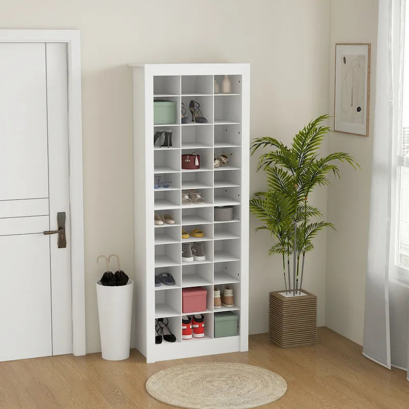 71 Tall Shoe Rack Storage Organizer, Narrow Shoe Cabinet for Entryway with Open Cubes for 36 Pairs, White