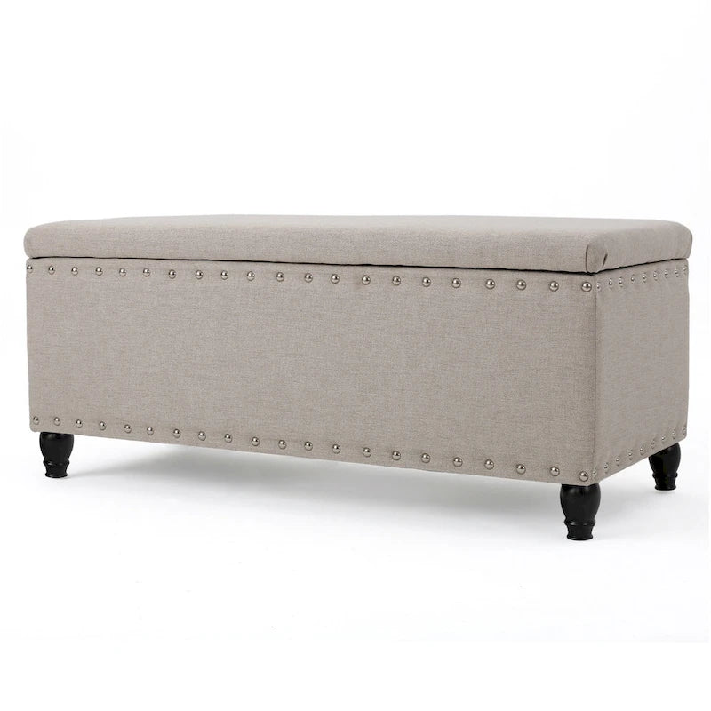 Aufbewahrungsbank mit Hocker, beiger Stoff, Nagelbesatz, 107 cm