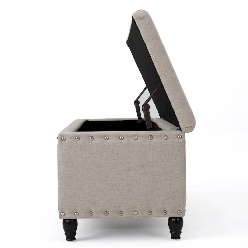 Aufbewahrungsbank mit Hocker, beiger Stoff, Nagelbesatz, 107 cm