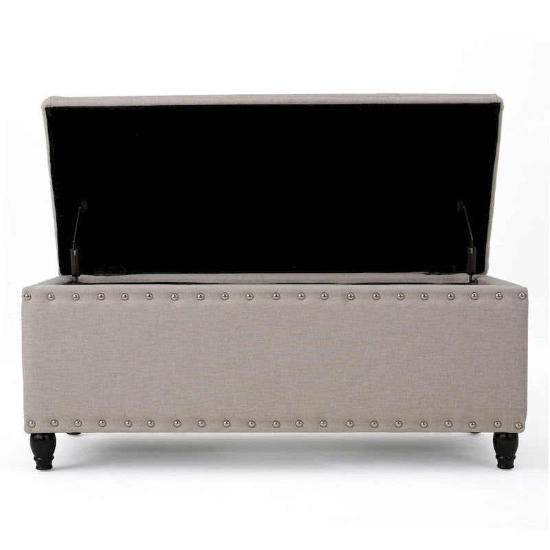 Aufbewahrungsbank mit Hocker, beiger Stoff, Nagelbesatz, 107 cm