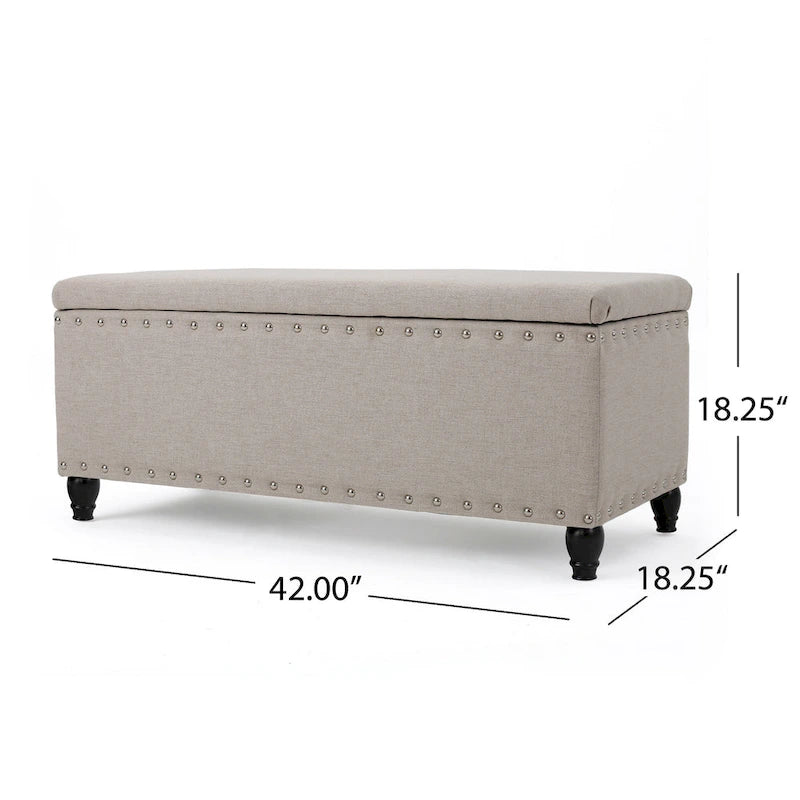 Aufbewahrungsbank mit Hocker, beiger Stoff, Nagelbesatz, 107 cm