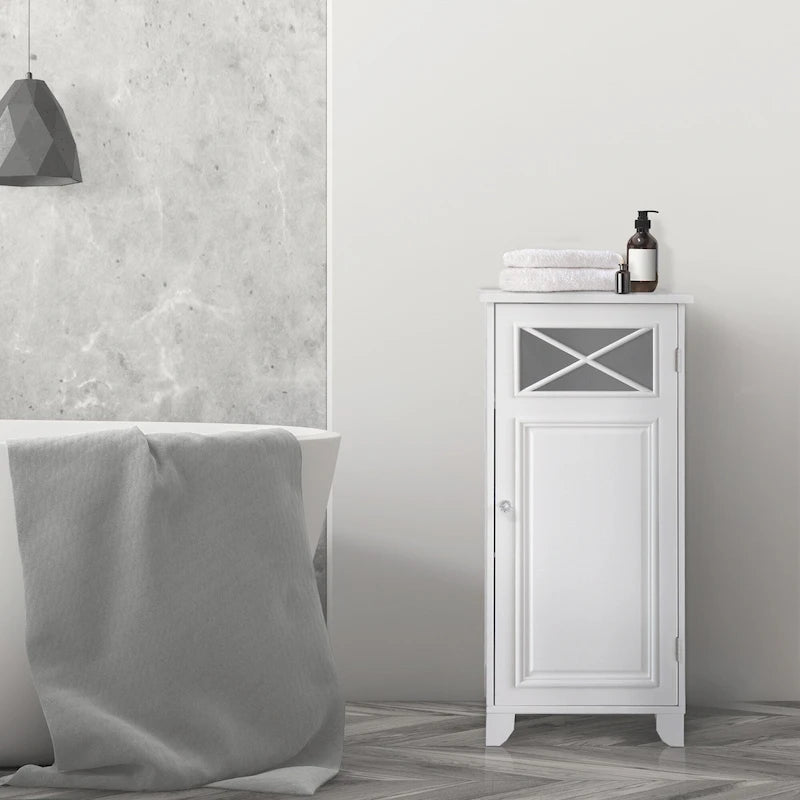 Freistehender schmaler Bodenschrank mit Glastür, Weiß – 33 cm L x 38 cm B x 81 cm H
