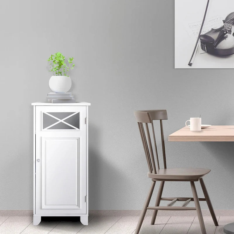 Freistehender schmaler Bodenschrank mit Glastür, Weiß – 33 cm L x 38 cm B x 81 cm H