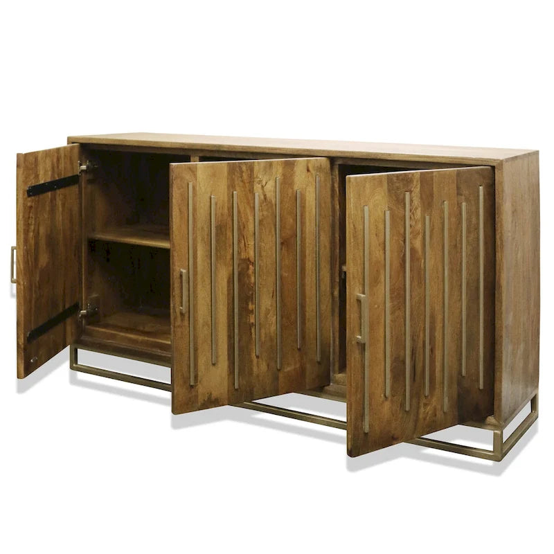 Dreitüriges Mangoholz-Sideboard mit Metallakzenten, Walnuss-Finish