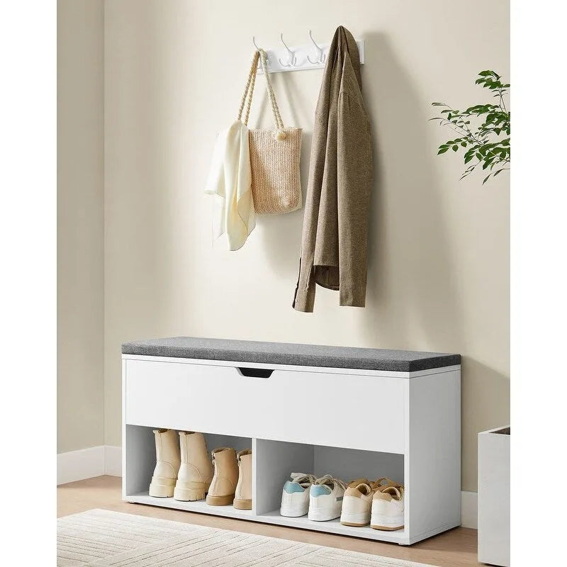 Sitzbank mit Schuhregal und Kissen, grau, Holz – 30T x 100B x 48H cm