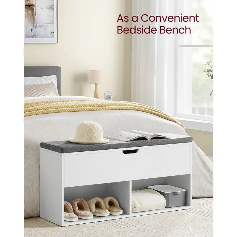Sitzbank mit Schuhregal und Kissen, grau, Holz – 30T x 100B x 48H cm