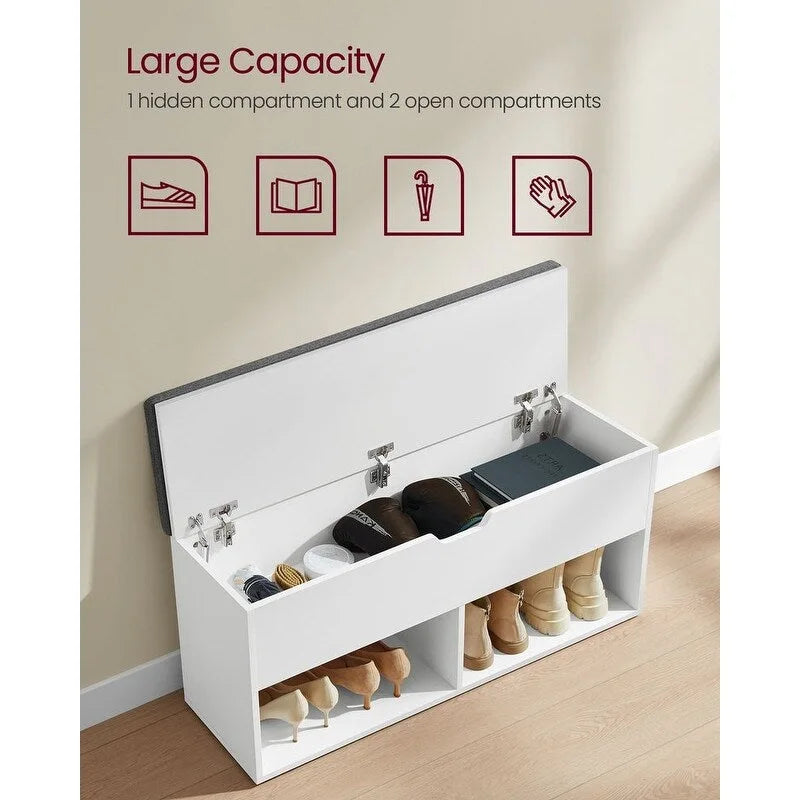 Sitzbank mit Schuhregal und Kissen, grau, Holz – 30T x 100B x 48H cm