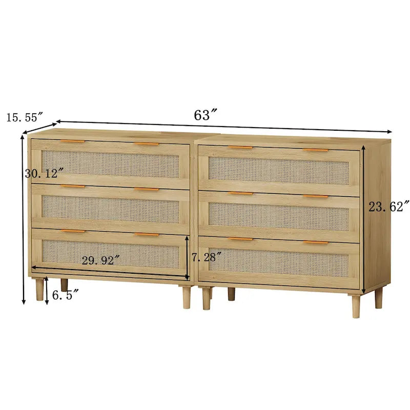 3-Schubladen-Rattan-Aufbewahrungsschrank, 2er-Set, Eiche