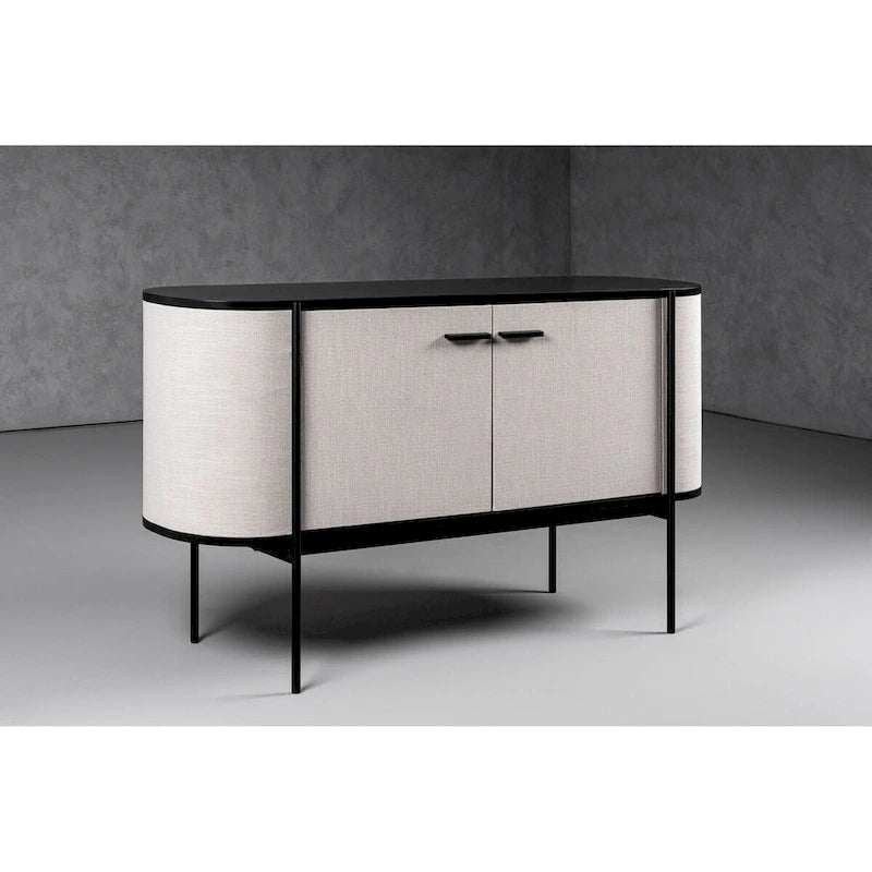 Modernes Sideboard aus beigem Stoff und schwarzem Metall