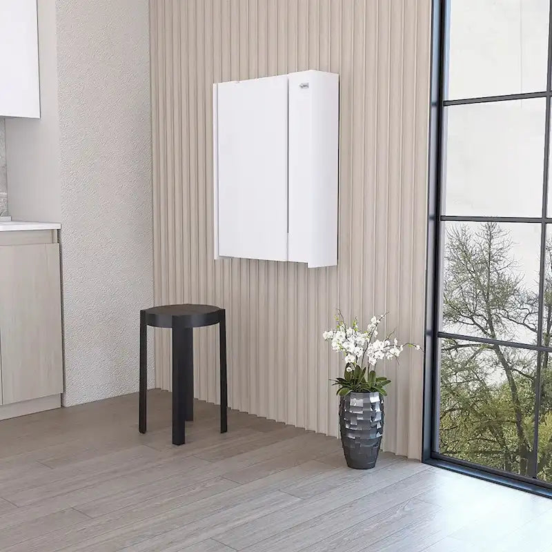 Wandmontierter Klapptisch mit sieben Innenablagen, weiße Oberfläche