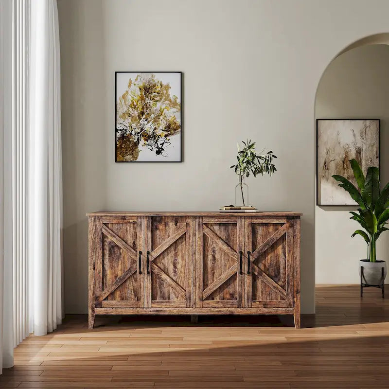 Cabinet with 4 Doors and 4 open shelves,Freestanding Sideboard Storage Cabinet Entryway Floor Cabinet for Office Bedroom