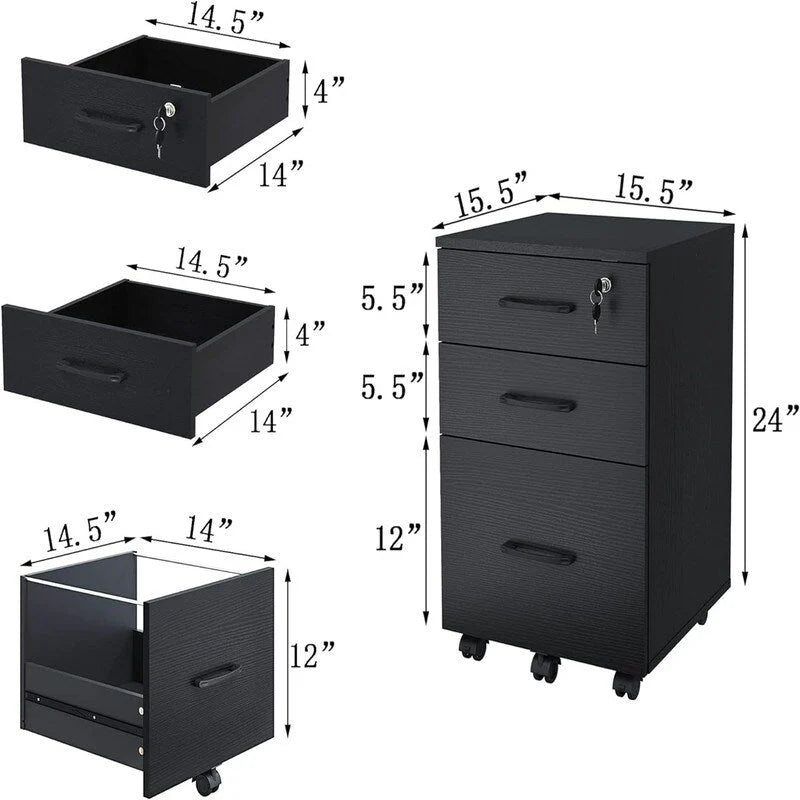 Aktenschrank mit Schloss, Holz, 3 Schubladen, rollbar - 15T x 15B x 26H