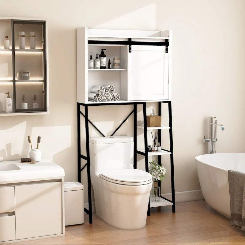 Badezimmer-Über-der-Toilette-Schrank mit Schiebe-Scheunentür und Regalen