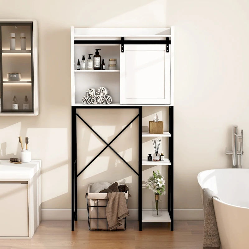 Badezimmer-Über-der-Toilette-Schrank mit Schiebe-Scheunentür und Regalen