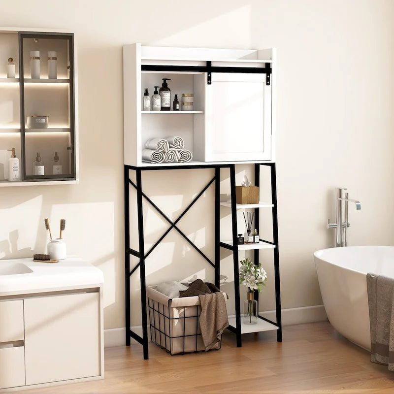 Badezimmer-Über-der-Toilette-Schrank mit Schiebe-Scheunentür und Regalen
