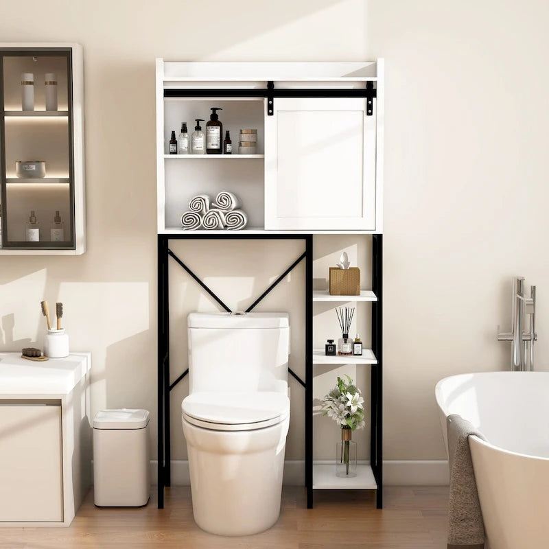 Badezimmer-Über-der-Toilette-Schrank mit Schiebe-Scheunentür und Regalen