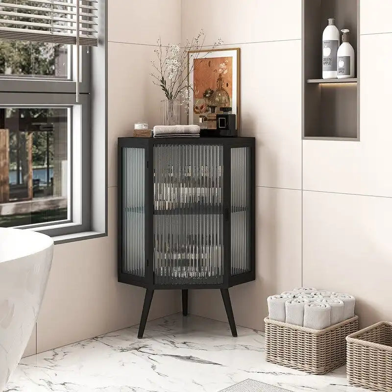Moderner Badezimmer-Eckschrank mit 56,5 cm und Türen aus gehärtetem Glas