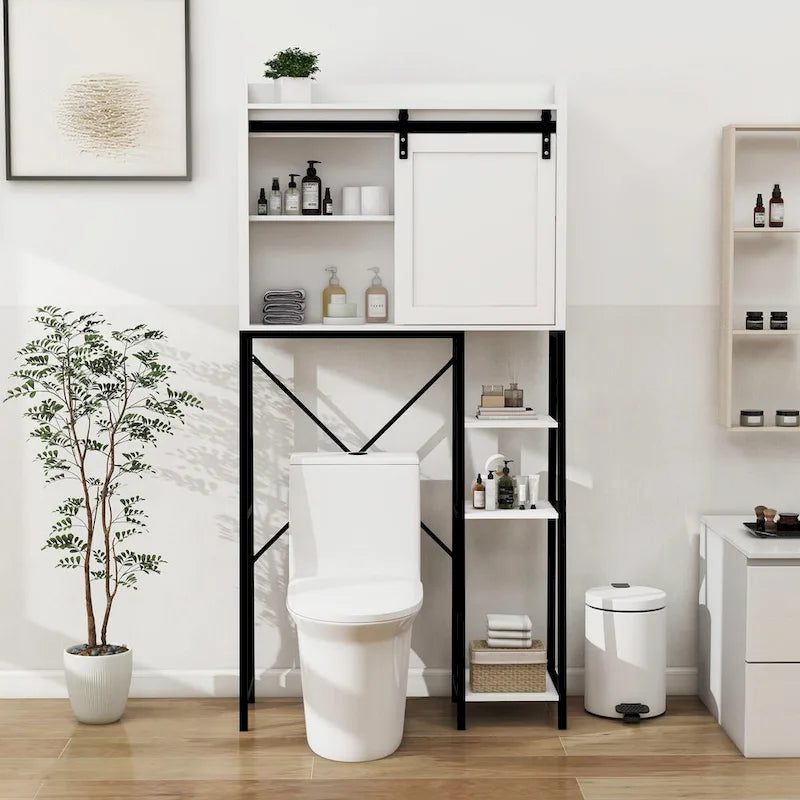 Badezimmerregal über der Toilette mit Schiebetür im Scheunentor-Stil und verstellbaren Einlegeböden