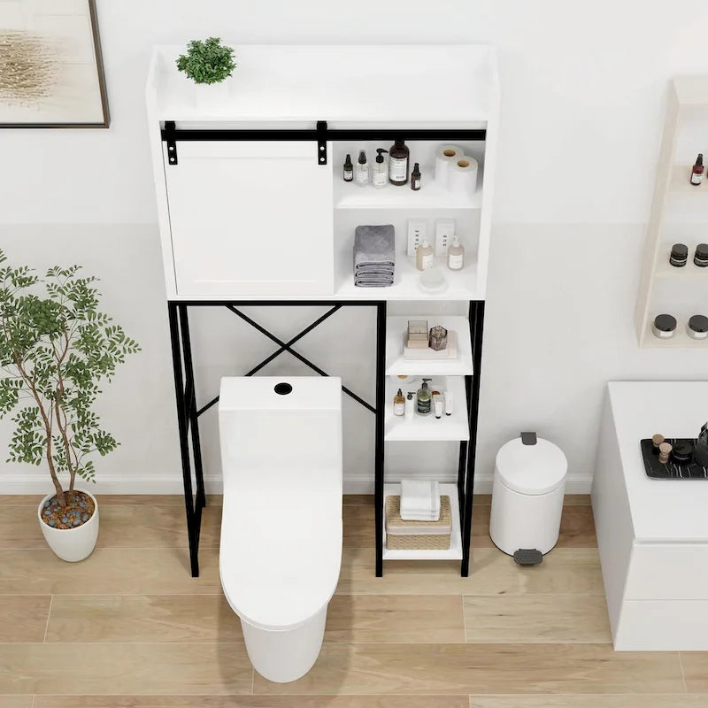 Badezimmerregal über der Toilette mit Schiebetür im Scheunentor-Stil und verstellbaren Einlegeböden
