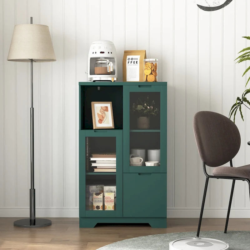 Wooden Floor Cabinet with 2 Glass Doors and 2 Storage Space,Living Room Bathroom Entryway
