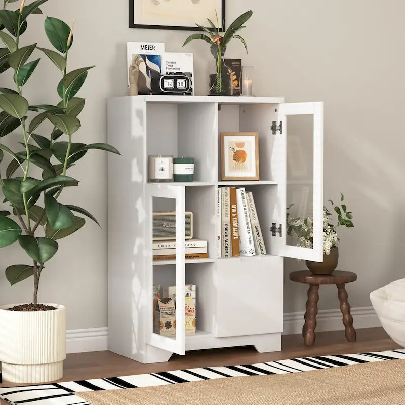Bodenschrank aus Holz mit 2 Glastüren und verstellbaren Einlegeböden