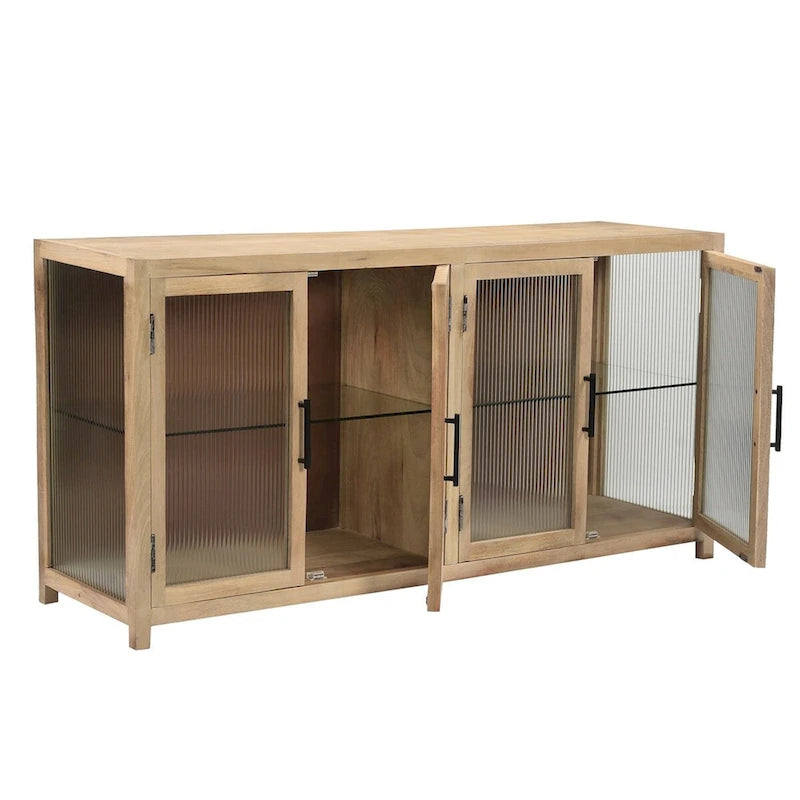 Sideboard aus Mangoholz mit geriffelten Glastüren